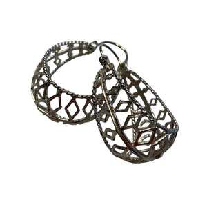 Silver filigree pierced hoop earrings long ovals french wires Boho romantic